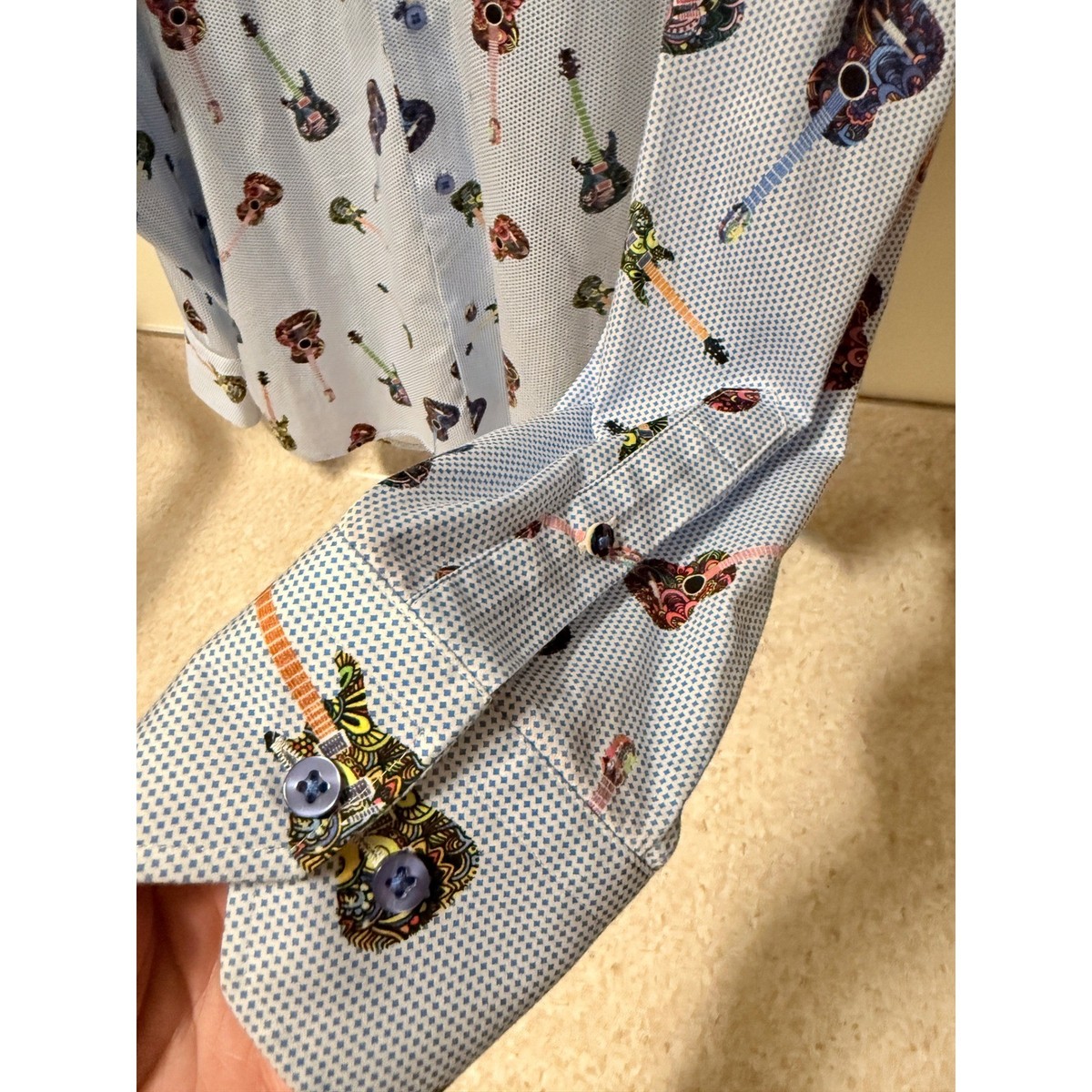 VTG Lasky Bros Mens Blue Guitar Music Print Button Up Shirt Size Small View 3
