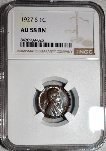 NGC AU-58 BN 1927-S Lincoln Cent, Blazing, Lightly Toned, PQ specimen.