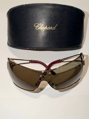 Vintage Chopard Shield Sunglasses Gold Tone Crystal Medallions Burgundy w/ Case