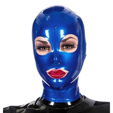Metallic Blue Latex Hood Rubber Fetish Mask Back Zip Cosplay Party Costume BDSM