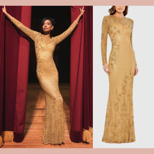 NWT $698 Mac Duggal [ 12 ] 5504 Floral Long Sleeve Embellished Gown Gold #J210