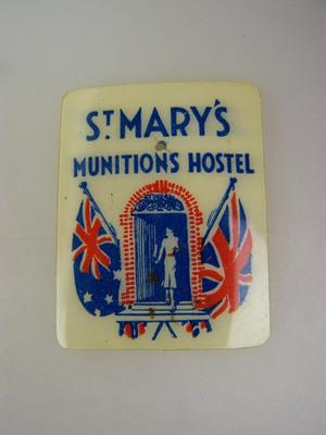WW11 St.Mary's Munitions Hostel appeal card celluloid badge    1828