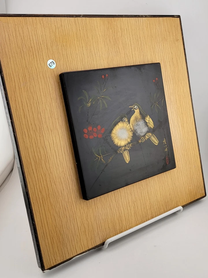 Laca japonesa Wajimaya arte asiático placa pájaros en rama azulejo pintado de colección Foto 4 de 4