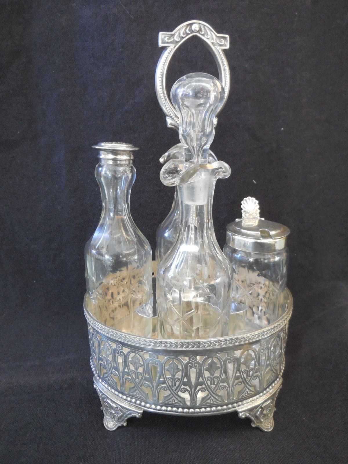 Antique Oil and Vinegar Set/Dispensers silver plated metal, original glasses