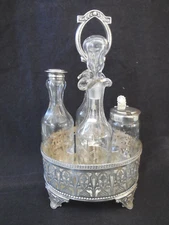 Antique Oil and Vinegar Set/Dispensers silver plated metal, original glasses