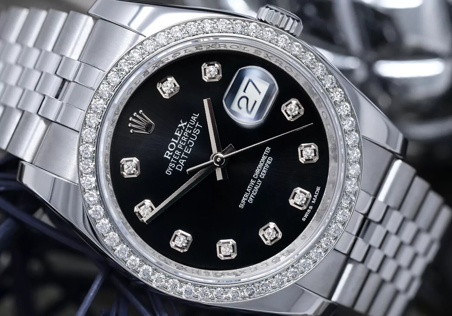 Rolex 36mm Datejust New Style Watch Diamond Bezel, Black Diamond Dial Jubilee