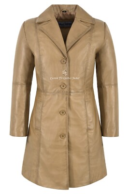 Damen Eleganter Trench Echt Leder Mantel Beige Lammfell Knielang Designer Mantel