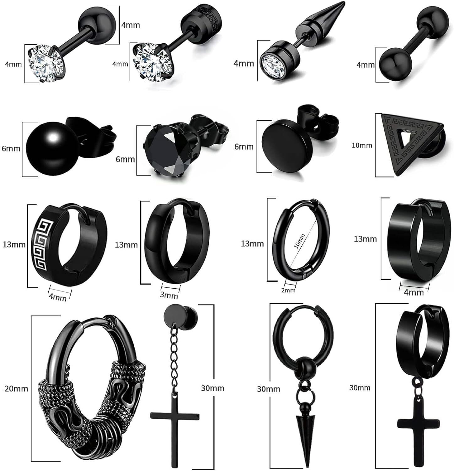 16 Aretes De Hombre Para Ninas Ninos Mujer Modernos Arete Cruz Cristian Negro US