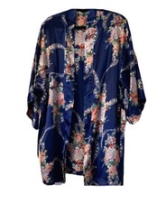 Val Mode 90s Navy Blue Floral Robe Womens Medium Polyester Kimono