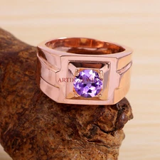 Natural Amethyst Gemstone Rose Gold Plated 925 Sterling Silver Men's Ring #5754