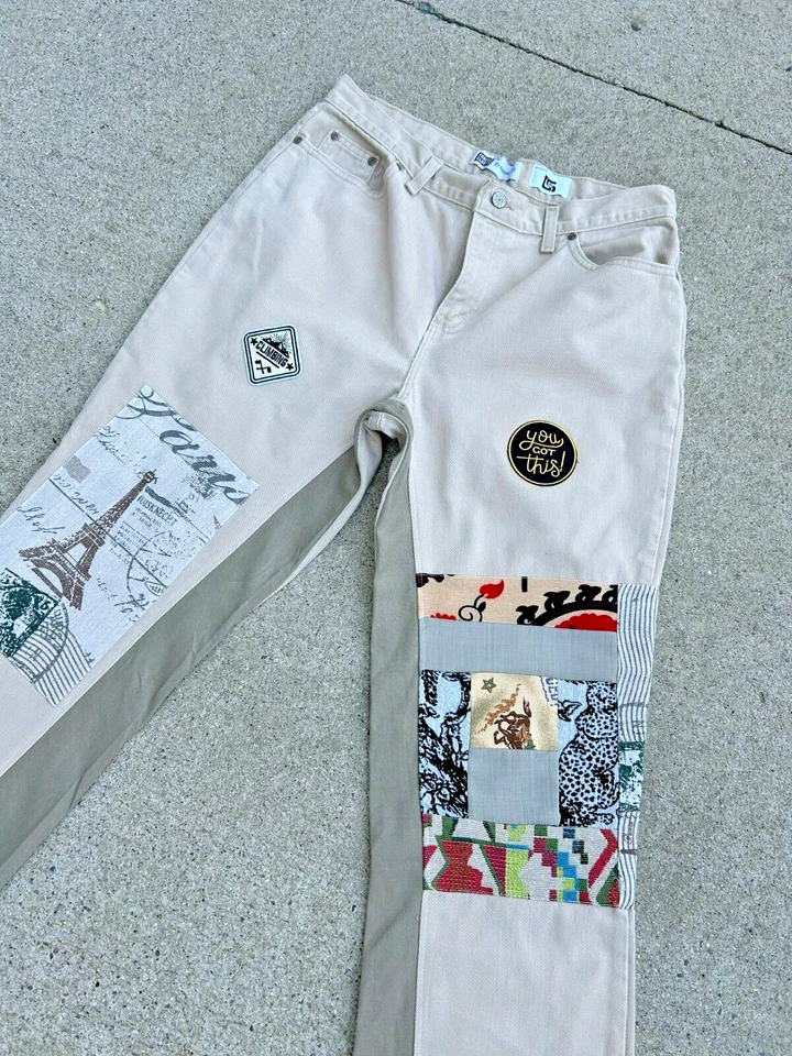 Upcycled Men's Patchwork Stonewashed Jeans Size 33X32 Rework Handmade - Image 2 of 4