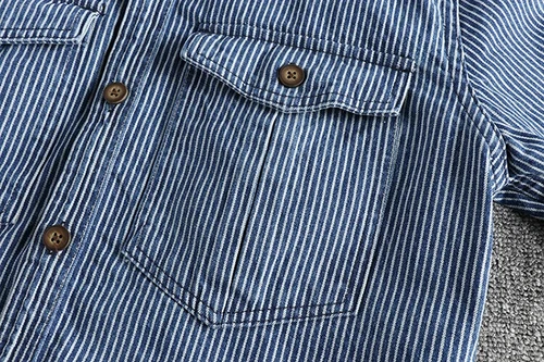 Garngefärbt Streifen Stoff gewaschen Retro Workwear Jeanshemd Herren Freizeithemd - - Bild 14 von 21