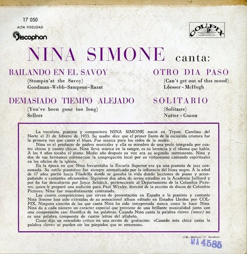 NINA SIMONE / The Amazing / DISCOPHON COLPIX 17.050 Pres Spain 1960 EP VG+ - Picture 3 of 5
