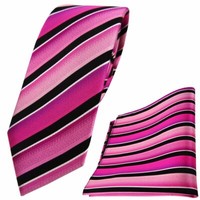 Schmale Tigertie Seidenkrawatte + Einstecktuch Pink Schwarz Silber Gestreift