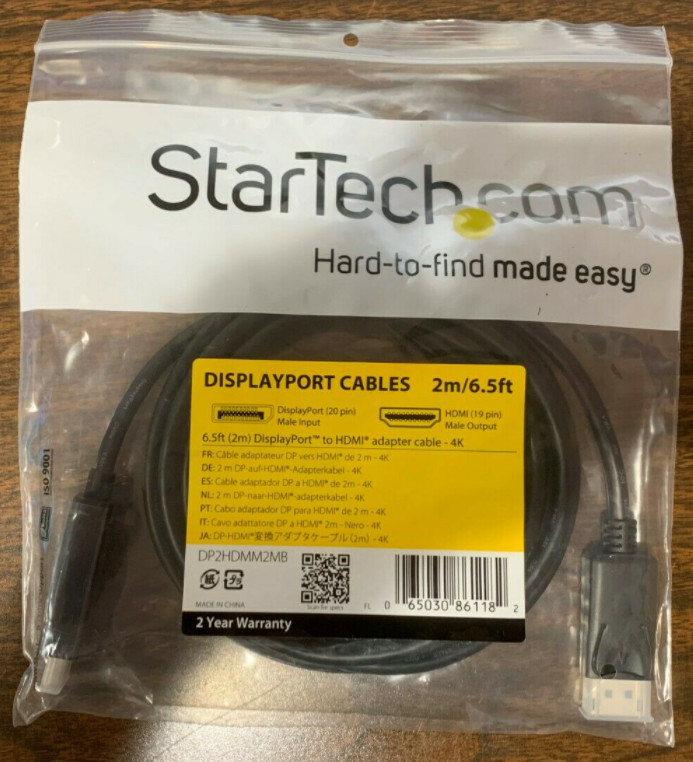 StarTech DisplayPort to HDMI Cable &ndash; 6.5 ft / 2m - 4K 30Hz (DP2HDMM2MB) &ndash; Black