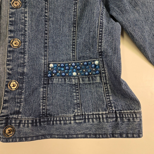 Ruby Rd Wms 12 Blue Denim Blazer Jacket Fitted Kragenlos Perlenverziert - Bild 5 von 17