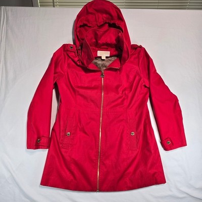 Michael Kors Red Hooded Trench Coat Jacket Gold Hardware MK Logo Lining L 132472