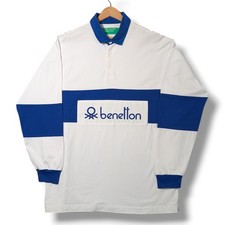 United Colors Of Benetton Rugby Shirt Mens XL White Blue Long Sleeve Polo Top