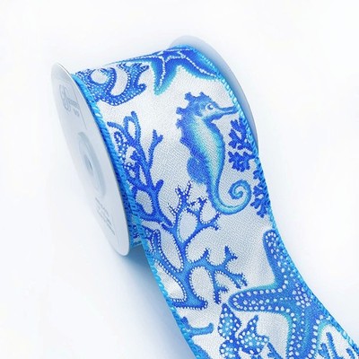 Designer s Shop WR 63-5170 Blue Seahorses, Starfish wired ribbon 2.5''x10 Y