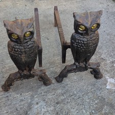 Cast Iron Owl Fireplace Andirons Pair Antique...