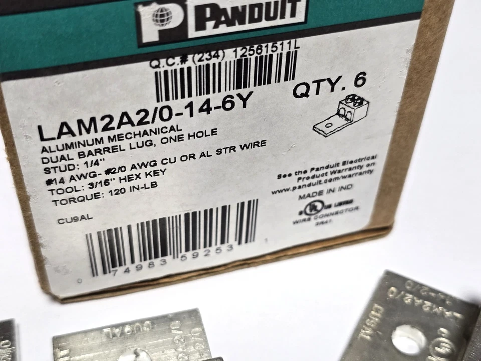 Panduit LAM2A2/0-14-6Y Alum. Dual Barrel Lug 14-2/0 AWG ( 6-Pack ) New in Box - Image 3 of 4