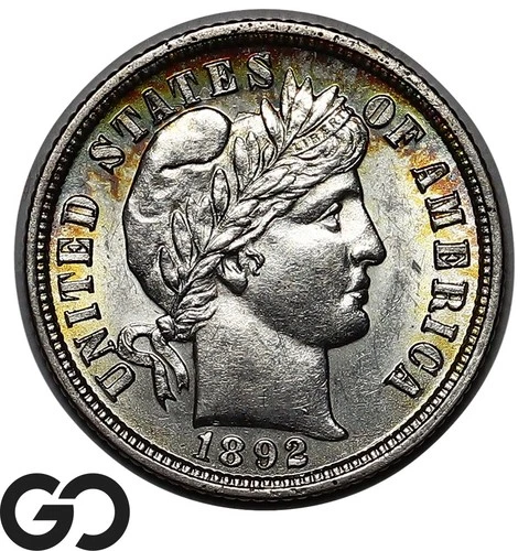 1892-O Barber Dime, Nice Peripheral Toning, Solid Gem BU++