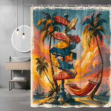 Tropical Palm Tree Sign Shower Curtain Beach Sunset Graphic