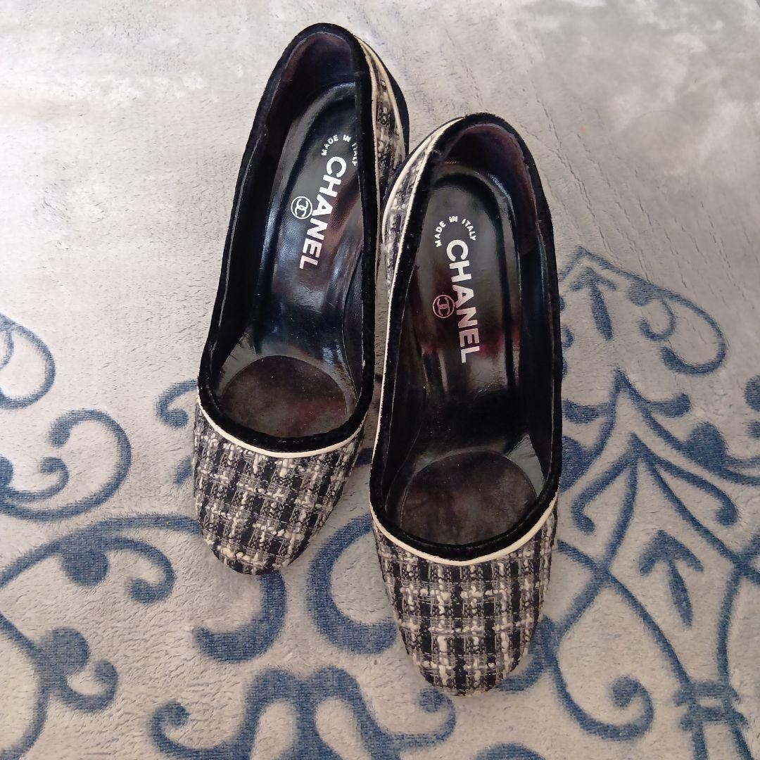 CHANEL Shoes Pumps Heel EU 36 US 6 Tweed Black White Authentic
