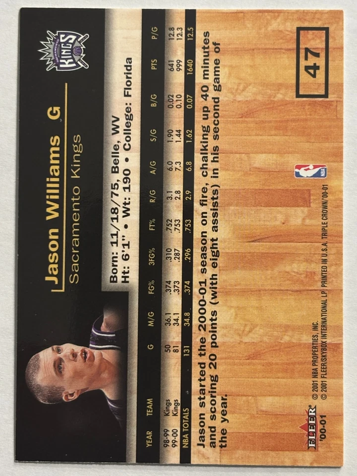 2000-01 Fleer Triple Crown #47 Jason Williams Sacramento Kings - Image 2 of 2