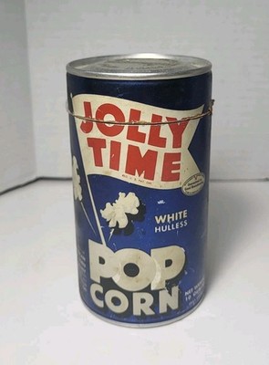 Vintage Jolly Time Pop Corn Tin White Hulless 10 OZ Empty