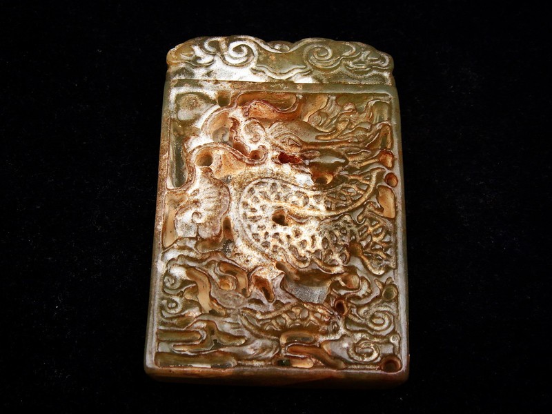 Old Nephrite Jade Stone Carved Pendant Furious Curly Dragon Engraved #11062407