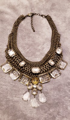 Chico's Statement 10'' Bib Necklace Antique Gold Chains, Square Clear Beads