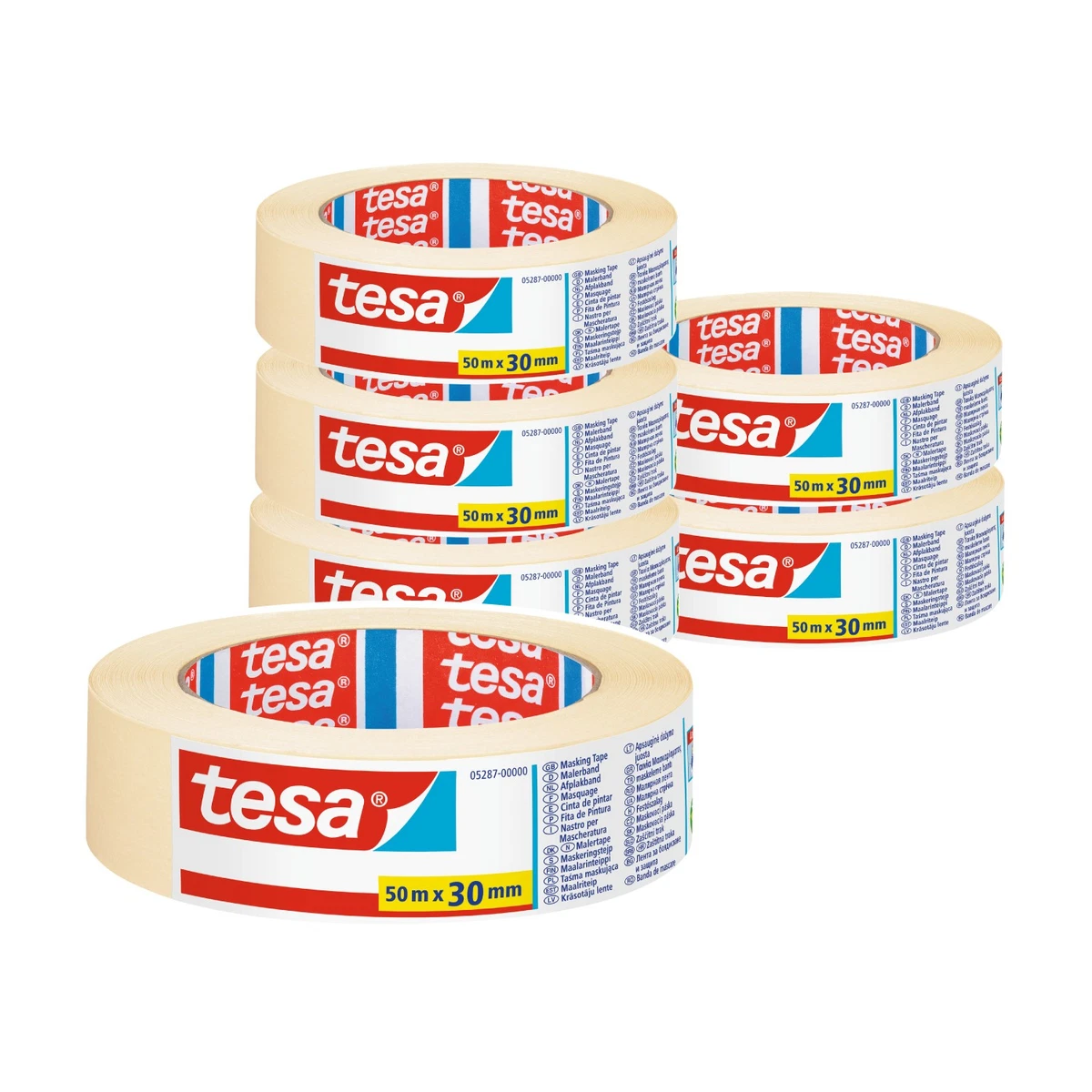 (0,04€/1m) 6 Rollen tesa 5287 Malerband Malerkrepp Basic, Kreppklebeband 30mm
