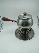 Vintage Mid Century Gourmet Intl Fondue Pot Stainless Steel Teak Japan 18-8