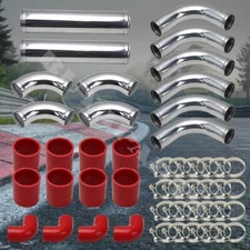 3.0" DIY Aluminum 12pc Chrome Turbo FMIC Piping Kit Red Couplers +T-Bolt Clamps