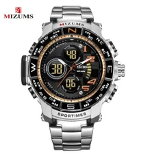 MIZUMS Men Watch Silver Steel Wristwatch Military Sport Watch Digital Stopwatch