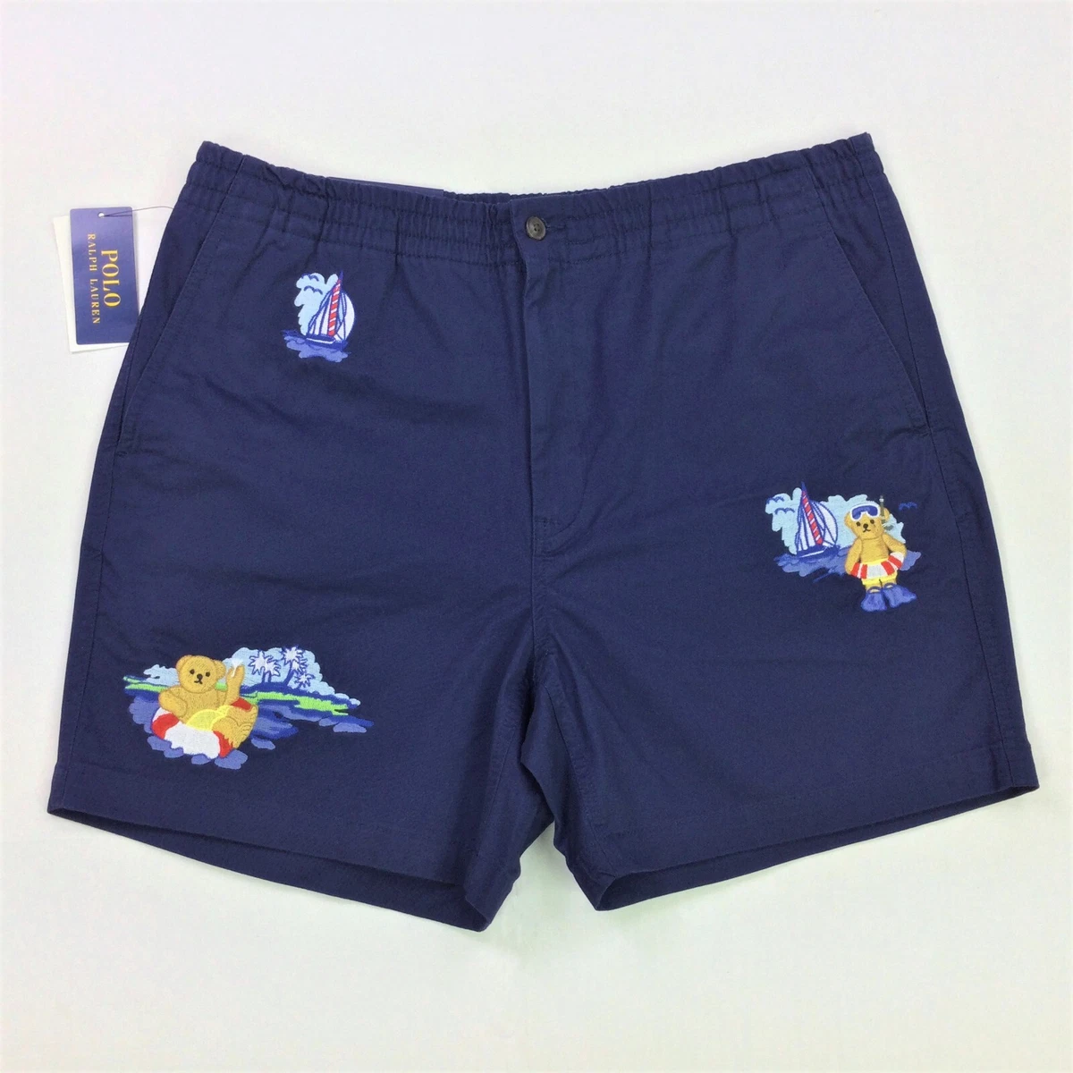 Polo Ralph Lauren Men Preppy Embroidered Vacation Bear Patch Graphic Shorts Navy