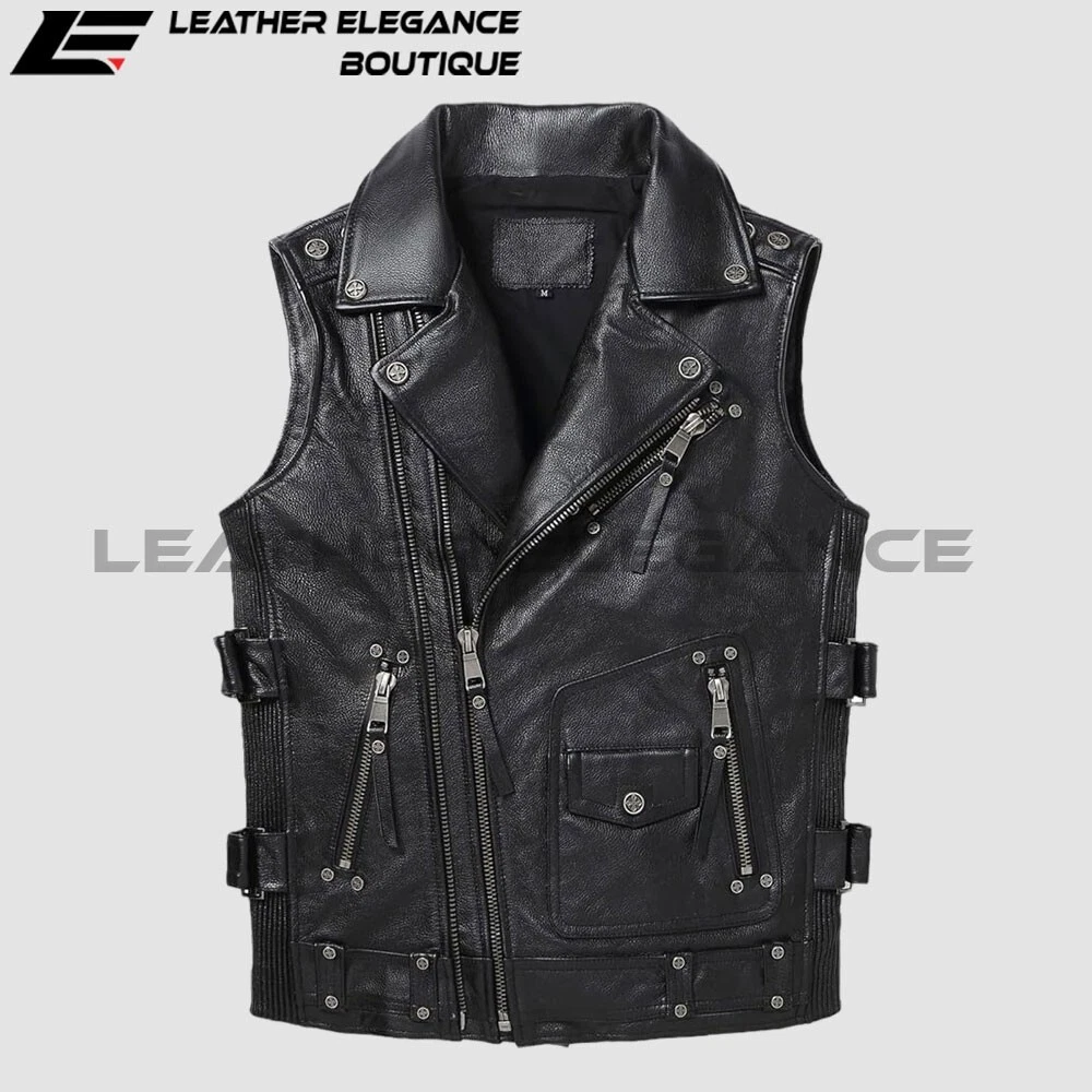 100% Top Leather Vest Men's Luxury Leather Motorcycle Vest Brown