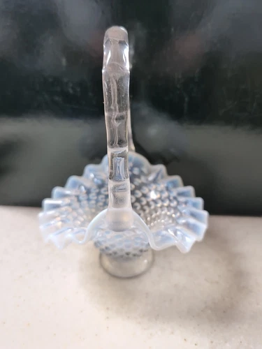Vintage Fenton Opalescent Hobnail Basket w/Handle Ruffled Edge