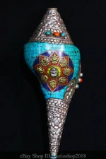 11.6 " Old Tibet Silver Inlay Turquoise Eight Treasures Conch Shell Trumpet Horn