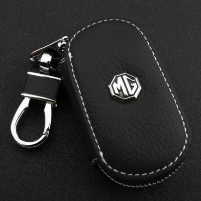 Black Cowhide leather Car Key Holder Keychain Ring Case Bag Fit For MG Auto