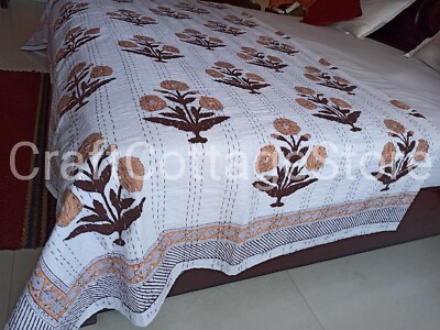 Indian Cotton Kantha Quilt Bedspread Throw Blanket Bedcover Block Art King Size