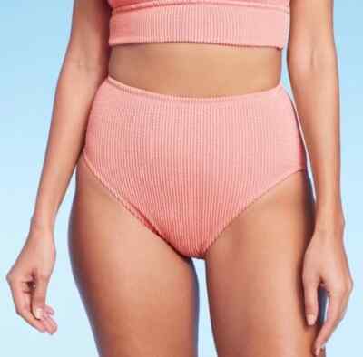 Women's Full Coverage Textured High Waist Bikini Bottom - Kona Sol Coral L 12-14