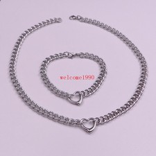 Stainless Steel Sweet Heart Pendant Necklace bracelet Curb Chain JEWELRY set