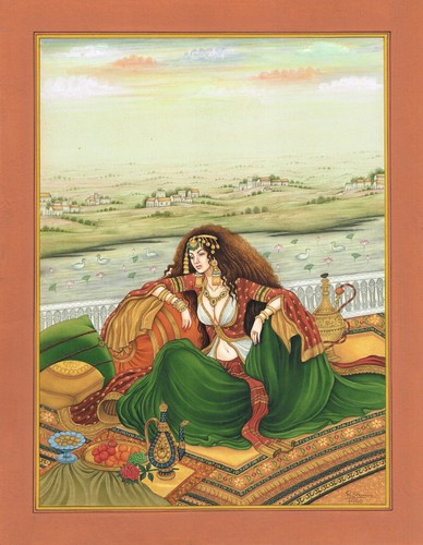 Persian Miniature Painting Of Persian Queen Sitting On Terrace 10.5x13.5 Inches - Picture 2 of 7