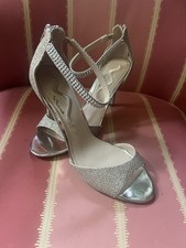 Nina Silver Strappy Heels with Rhinestone Ankle Zip Closure Sz 8.5 Glam Showgirl