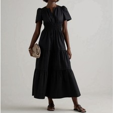 Quince Navy 100% Organic Cotton Poplin Tiered Maxi Dress Black Size M NWT