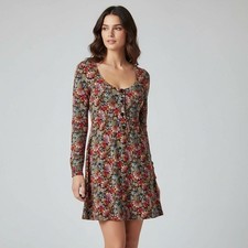 ModCloth Womens Babydoll Dress Medium Floral Long Sleeve Pockets Multi Color