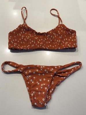 Faithfull The Brand Bikini Set Size Large Shirred Lindsay & Luna Orange Floral