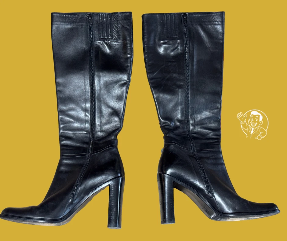 Botas hasta la rodilla Via Spiga negras con guante de cuero de becerro 10 M para mujer de tacón de diseñador Foto 3 de 4